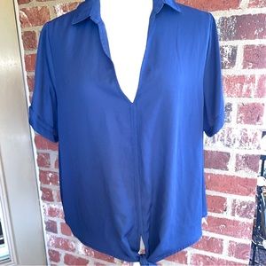 Shinestar Womens Short Sleeve Tie-Up Waist Blouse V-Neck Navy Hi-Lo Top Sz XL